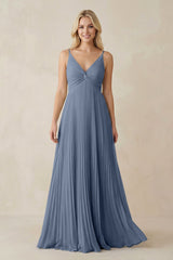 Pleated V - Neck A - Line Chiffon Bridesmaid Dress in Neptune - KissProm Bridesmaid Dresses