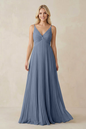 Pleated V - Neck A - Line Chiffon Bridesmaid Dress in Neptune - KissProm Bridesmaid Dresses