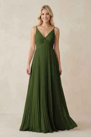 Pleated V - Neck A - Line Chiffon Bridesmaid Dress in Olive - KissProm Bridesmaid Dresses