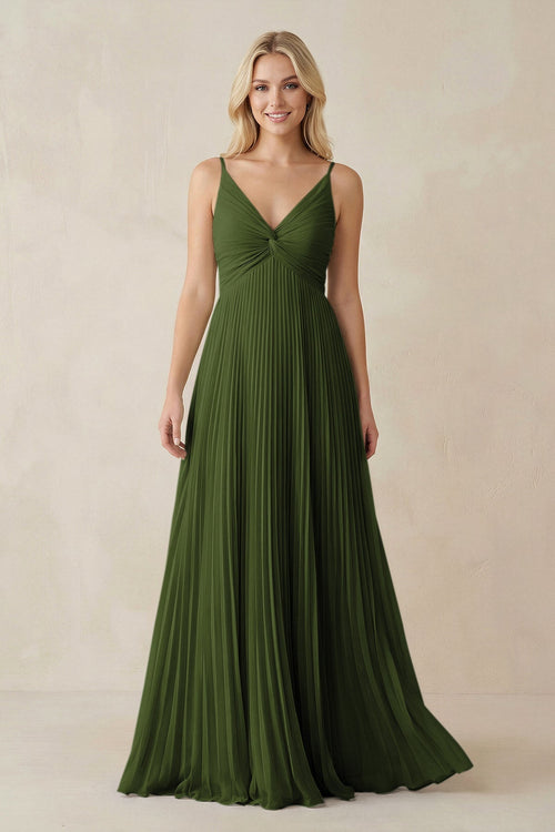 Pleated V - Neck A - Line Chiffon Bridesmaid Dress in Olive - KissProm Bridesmaid Dresses