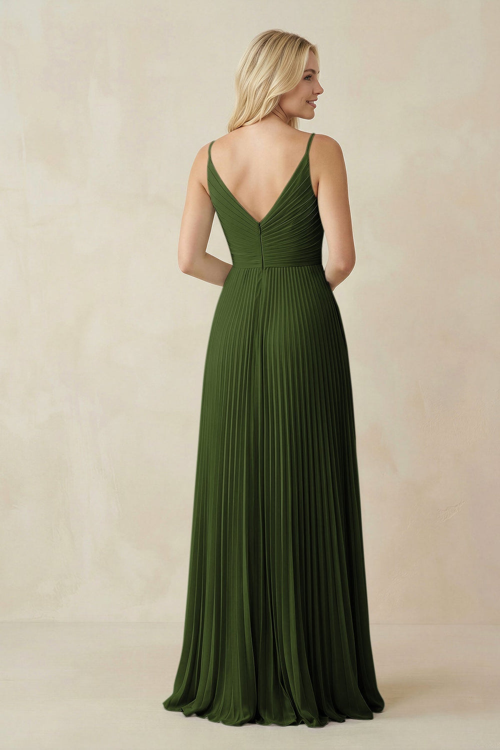 Pleated V - Neck A - Line Chiffon Bridesmaid Dress in Olive - KissProm Bridesmaid Dresses
