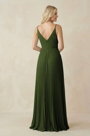 Pleated V - Neck A - Line Chiffon Bridesmaid Dress in Olive - KissProm Bridesmaid Dresses