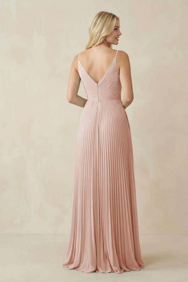 Pleated V - Neck A - Line Chiffon Bridesmaid Dress in Pale Blush - KissProm Bridesmaid Dresses
