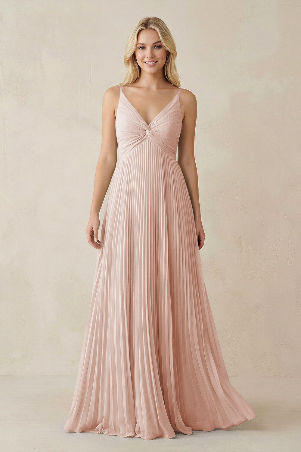 Pleated V - Neck A - Line Chiffon Bridesmaid Dress in Pale Blush - KissProm Bridesmaid Dresses