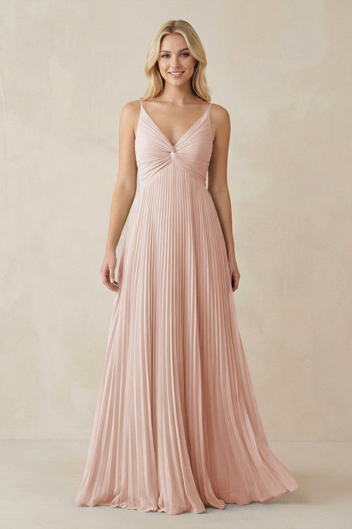 Pleated V - Neck A - Line Chiffon Bridesmaid Dress in Pale Blush - KissProm Bridesmaid Dresses
