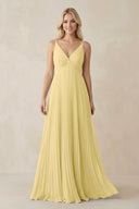 Pleated V - Neck A - Line Chiffon Bridesmaid Dress in Pastel Yellow - KissProm Bridesmaid Dresses