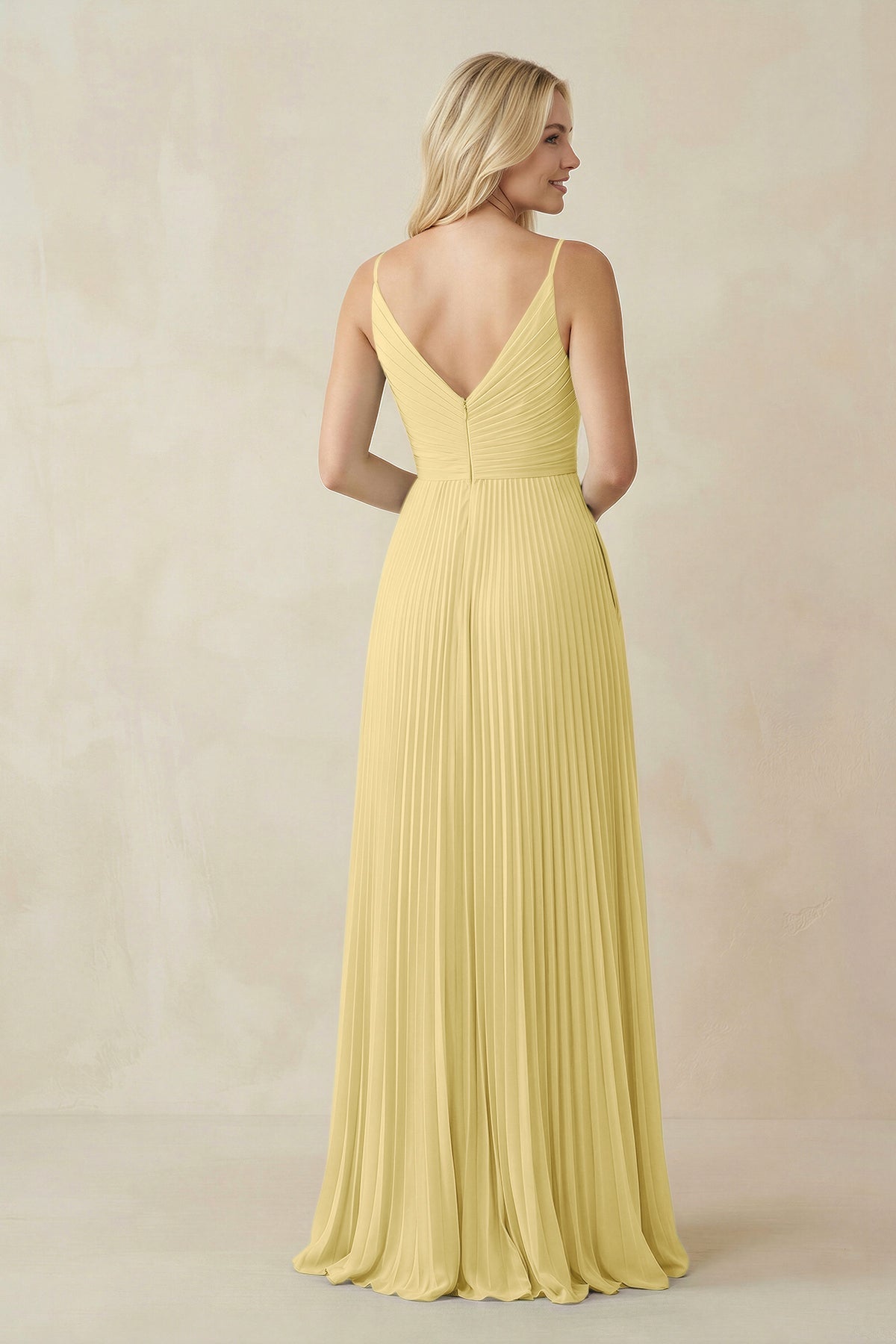Pleated V-Neck A-Line Chiffon Bridesmaid Dress in Pastel Yellow, Pastel Yellow / 8