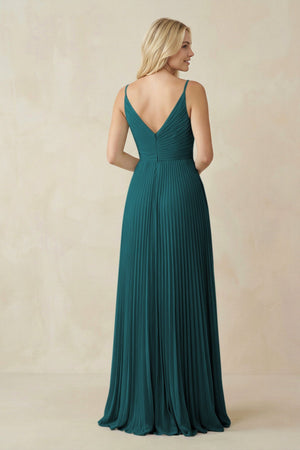 Pleated V - Neck A - Line Chiffon Bridesmaid Dress in Pine - KissProm Bridesmaid Dresses