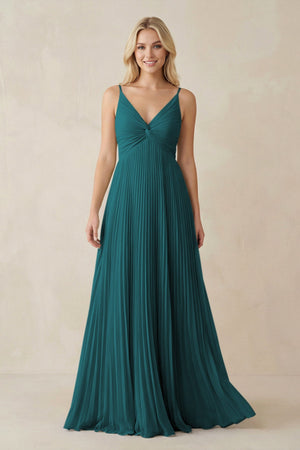 Pleated V - Neck A - Line Chiffon Bridesmaid Dress in Pine - KissProm Bridesmaid Dresses