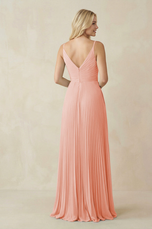Pleated V - Neck A - Line Chiffon Bridesmaid Dress in Rose Petal - KissProm Bridesmaid Dresses