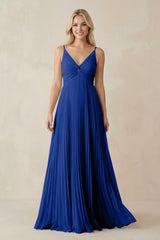 Pleated V - Neck A - Line Chiffon Bridesmaid Dress in Royal Blue - KissProm Bridesmaid Dresses