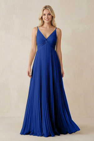 Pleated V - Neck A - Line Chiffon Bridesmaid Dress in Royal Blue - KissProm Bridesmaid Dresses