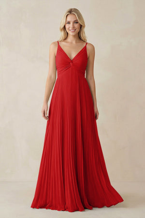 Pleated V - Neck A - Line Chiffon Bridesmaid Dress in Ruby Red - KissProm Bridesmaid Dresses