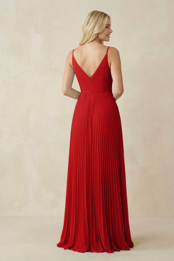 Pleated V - Neck A - Line Chiffon Bridesmaid Dress in Ruby Red - KissProm Bridesmaid Dresses