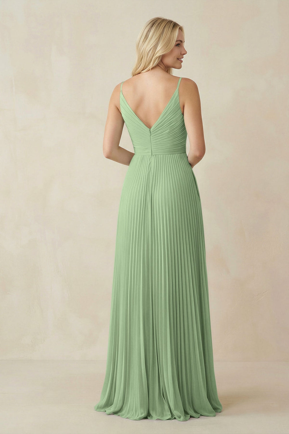 Pleated V - Neck A - Line Chiffon Bridesmaid Dress in Sage - KissProm Bridesmaid Dresses