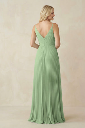 Pleated V - Neck A - Line Chiffon Bridesmaid Dress in Sage - KissProm Bridesmaid Dresses