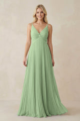 Pleated V - Neck A - Line Chiffon Bridesmaid Dress in Sage - KissProm Bridesmaid Dresses