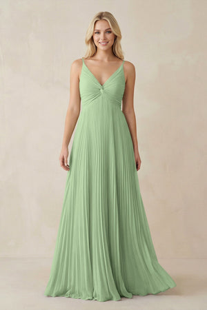 Pleated V - Neck A - Line Chiffon Bridesmaid Dress in Sage - KissProm Bridesmaid Dresses