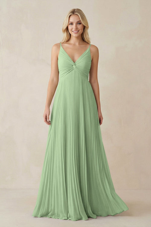 Pleated V - Neck A - Line Chiffon Bridesmaid Dress in Sage - KissProm Bridesmaid Dresses