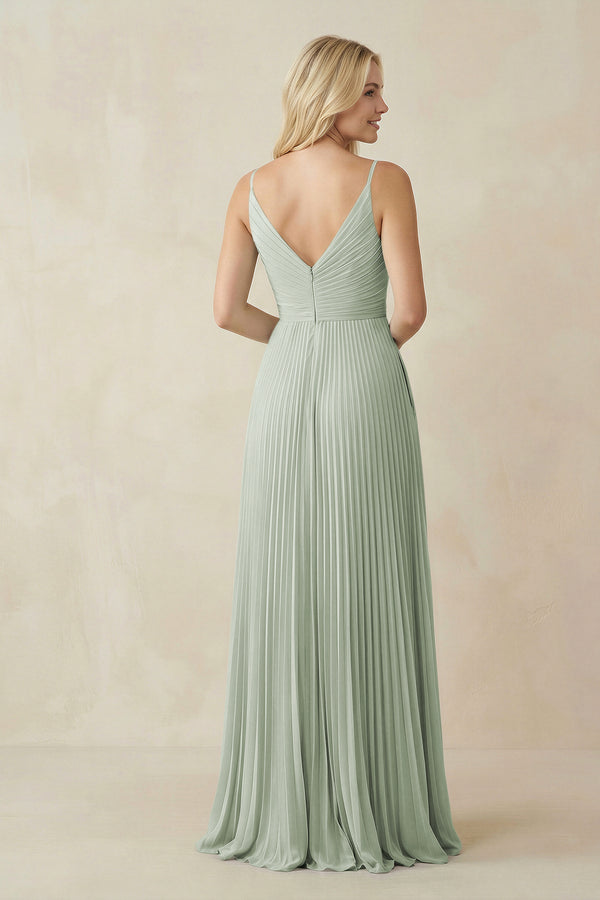 Pleated V - Neck A - Line Chiffon Bridesmaid Dress in Sage - KissProm Bridesmaid Dresses