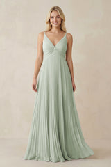 Pleated V - Neck A - Line Chiffon Bridesmaid Dress in Sage - KissProm Bridesmaid Dresses