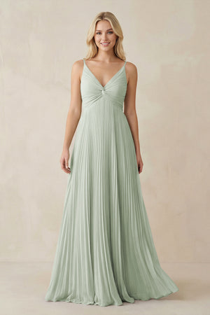 Pleated V - Neck A - Line Chiffon Bridesmaid Dress in Sage - KissProm Bridesmaid Dresses
