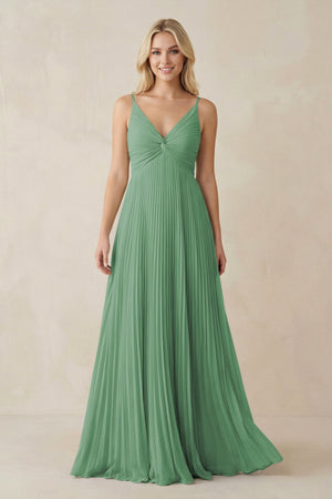 Pleated V - Neck A - Line Chiffon Bridesmaid Dress in Sea Glass - KissProm Bridesmaid Dresses