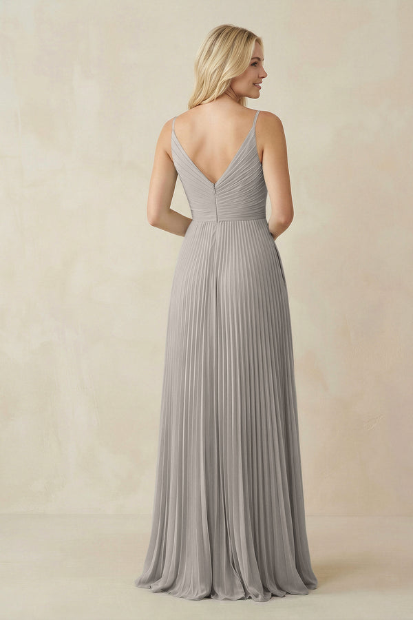 Pleated V - Neck A - Line Chiffon Bridesmaid Dress in Silver - KissProm Bridesmaid Dresses