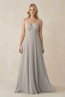 Pleated V - Neck A - Line Chiffon Bridesmaid Dress in Silver - KissProm Bridesmaid Dresses