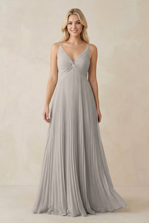 Pleated V - Neck A - Line Chiffon Bridesmaid Dress in Silver - KissProm Bridesmaid Dresses