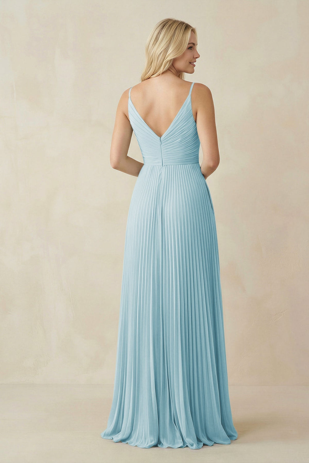 Pleated V - Neck A - Line Chiffon Bridesmaid Dress in Sky Blue - KissProm Bridesmaid Dresses