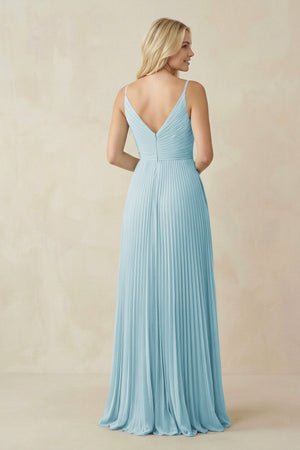 Pleated V - Neck A - Line Chiffon Bridesmaid Dress in Sky Blue - KissProm Bridesmaid Dresses