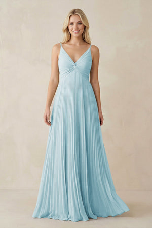 Pleated V - Neck A - Line Chiffon Bridesmaid Dress in Sky Blue - KissProm Bridesmaid Dresses