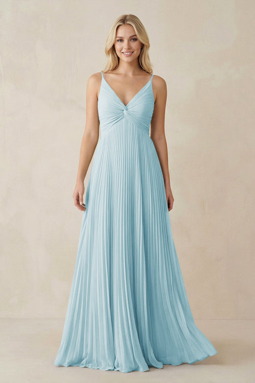 Pleated V - Neck A - Line Chiffon Bridesmaid Dress in Sky Blue - KissProm Bridesmaid Dresses
