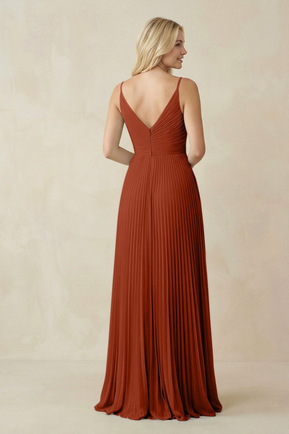 Pleated V - Neck A - Line Chiffon Bridesmaid Dress in Spice - KissProm Bridesmaid Dresses