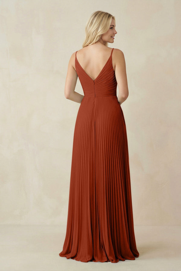 Pleated V - Neck A - Line Chiffon Bridesmaid Dress in Spice - KissProm Bridesmaid Dresses