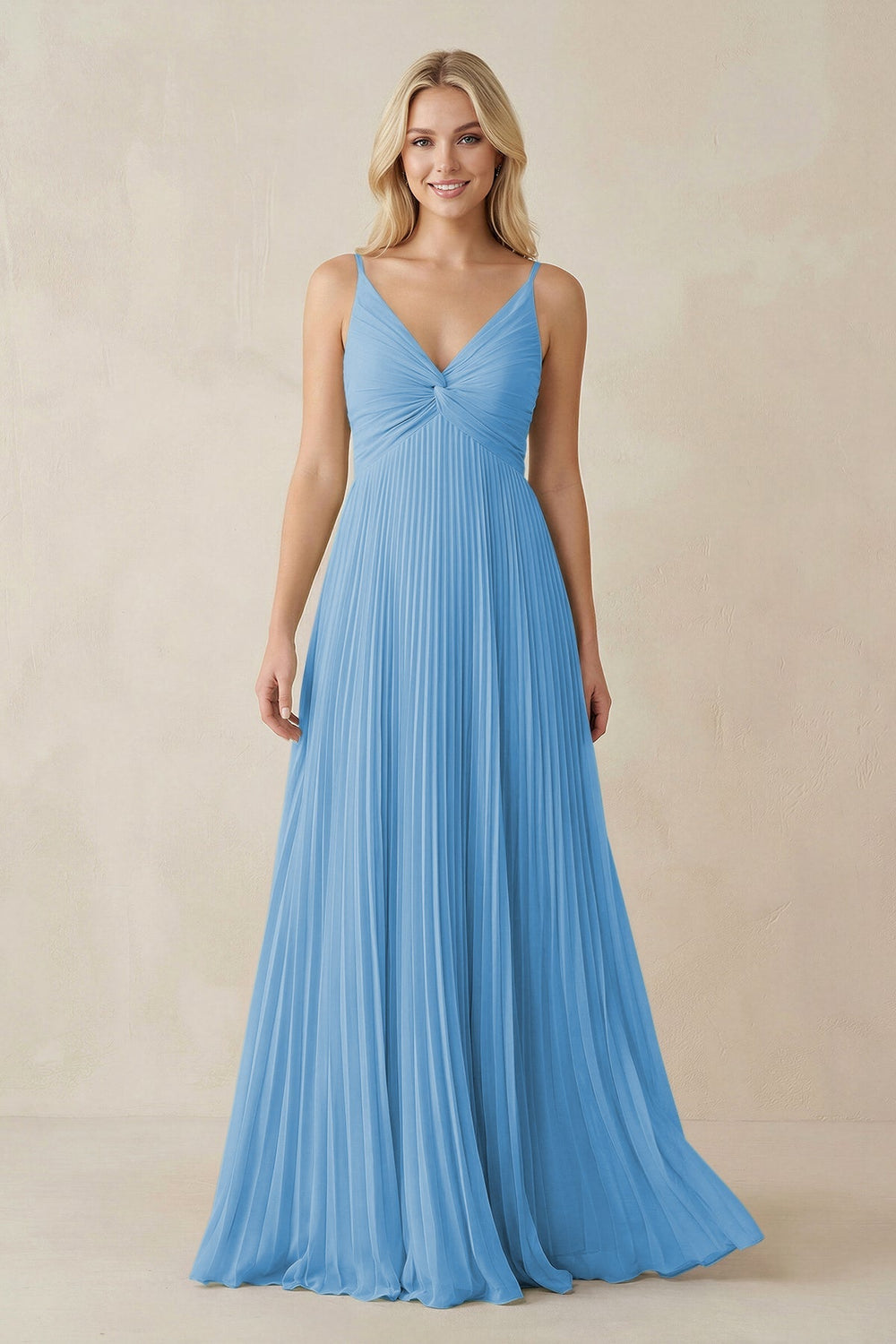 Pleated V - Neck A - Line Chiffon Bridesmaid Dress in Steel Blue - KissProm Bridesmaid Dresses