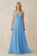 Pleated V - Neck A - Line Chiffon Bridesmaid Dress in Steel Blue - KissProm Bridesmaid Dresses
