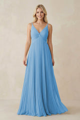 Pleated V - Neck A - Line Chiffon Bridesmaid Dress in Steel Blue - KissProm Bridesmaid Dresses