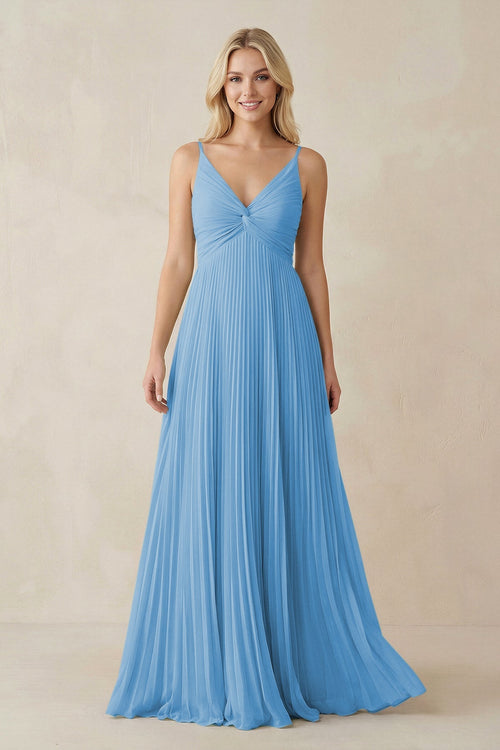 Pleated V - Neck A - Line Chiffon Bridesmaid Dress in Steel Blue - KissProm Bridesmaid Dresses