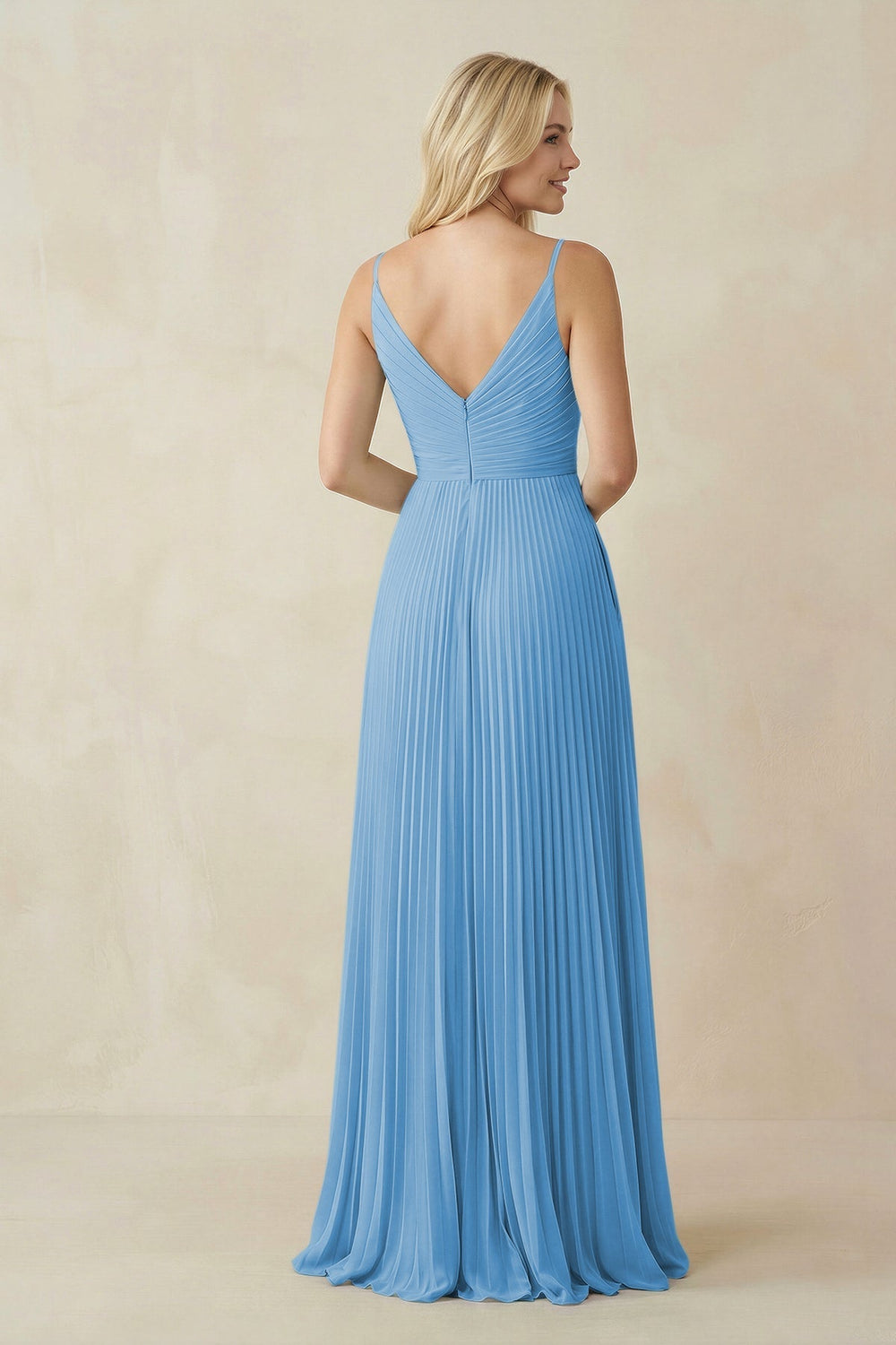Pleated V - Neck A - Line Chiffon Bridesmaid Dress in Steel Blue - KissProm Bridesmaid Dresses