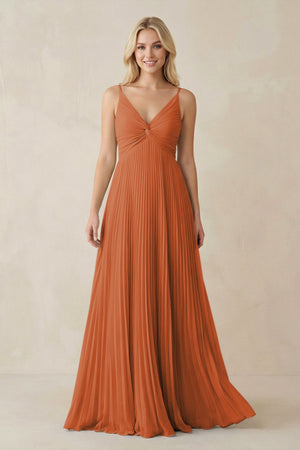 Pleated V - Neck A - Line Chiffon Bridesmaid Dress in Terracotta - KissProm Bridesmaid Dresses