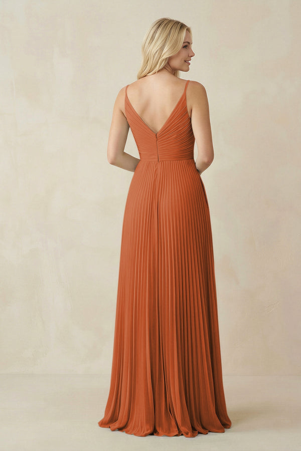 Pleated V - Neck A - Line Chiffon Bridesmaid Dress in Terracotta - KissProm Bridesmaid Dresses