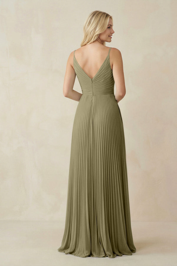 Pleated V - Neck A - Line Chiffon Bridesmaid Dress in Thyme - KissProm Bridesmaid Dresses