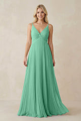 Pleated V - Neck A - Line Chiffon Bridesmaid Dress in Turquoise - KissProm Bridesmaid Dresses