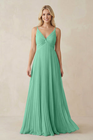 Pleated V - Neck A - Line Chiffon Bridesmaid Dress in Turquoise - KissProm Bridesmaid Dresses