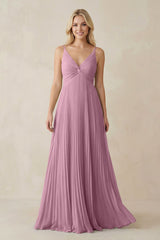 Pleated V - Neck A - Line Chiffon Bridesmaid Dress in Vintage Mauve - KissProm Bridesmaid Dresses