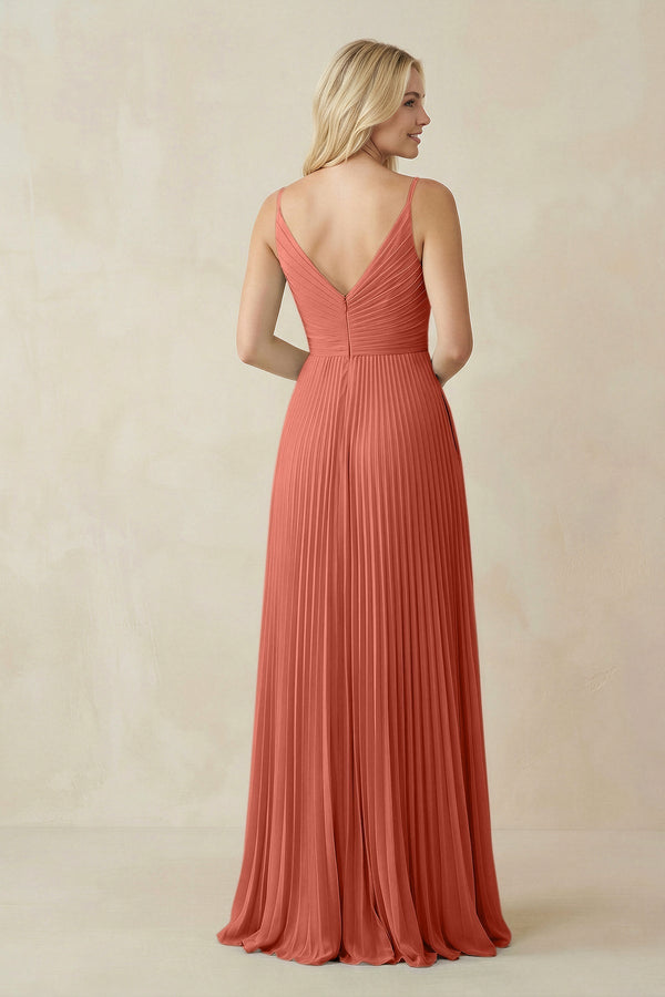 Pleated V - Neck A - Line Chiffon Bridesmaid Dress in Wild Rose - KissProm Bridesmaid Dresses