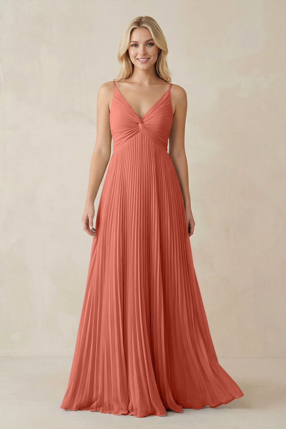 Pleated V - Neck A - Line Chiffon Bridesmaid Dress in Wild Rose - KissProm Bridesmaid Dresses