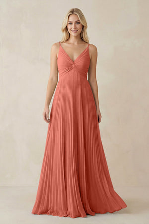 Pleated V - Neck A - Line Chiffon Bridesmaid Dress in Wild Rose - KissProm Bridesmaid Dresses